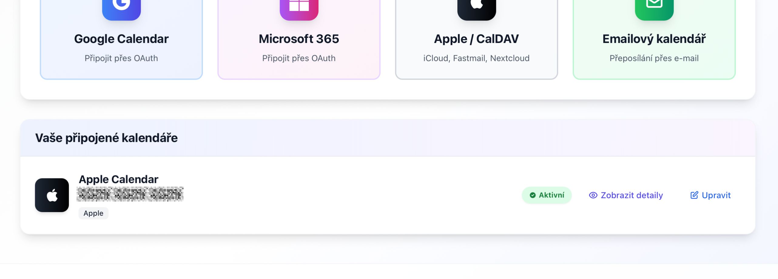 Úspěšně připojený iCloud kalendář
