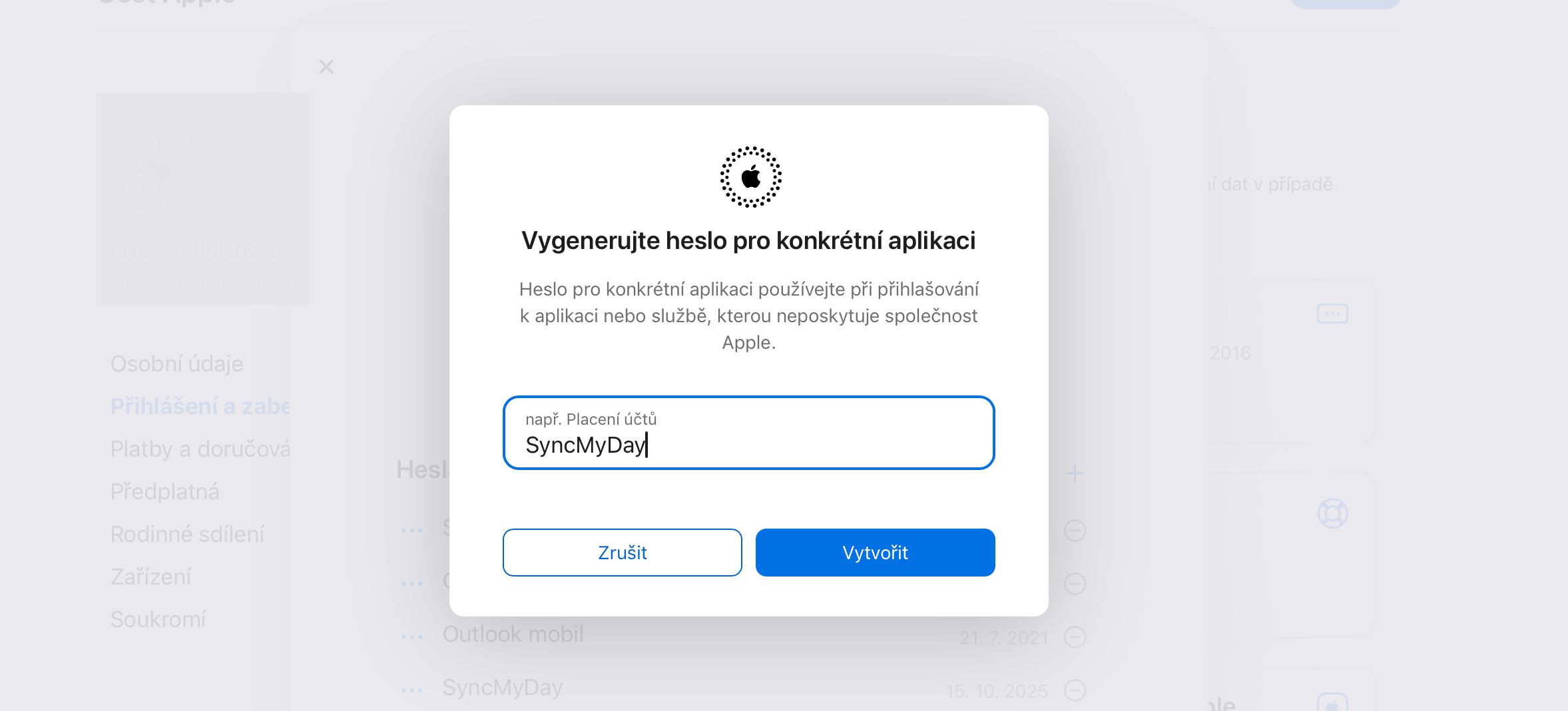 Dialog pro zadání názvu hesla pro aplikaci