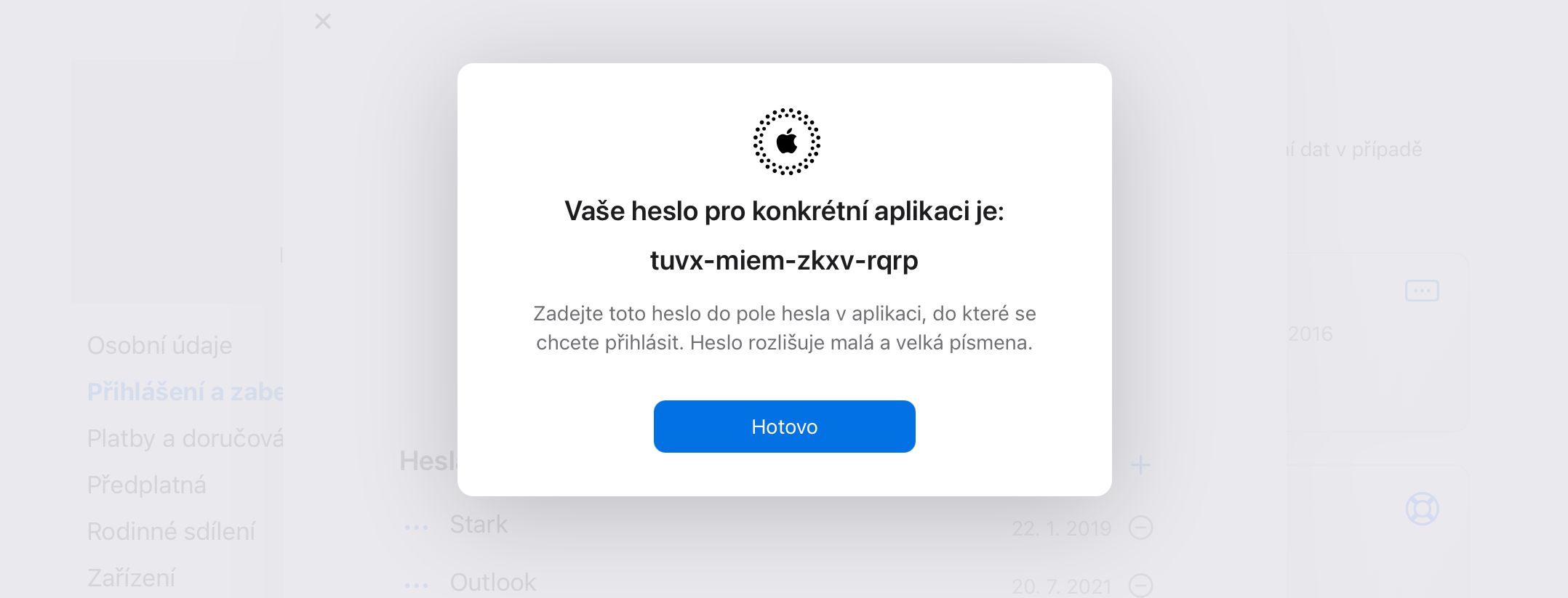 Zobrazené vygenerované heslo pro aplikaci