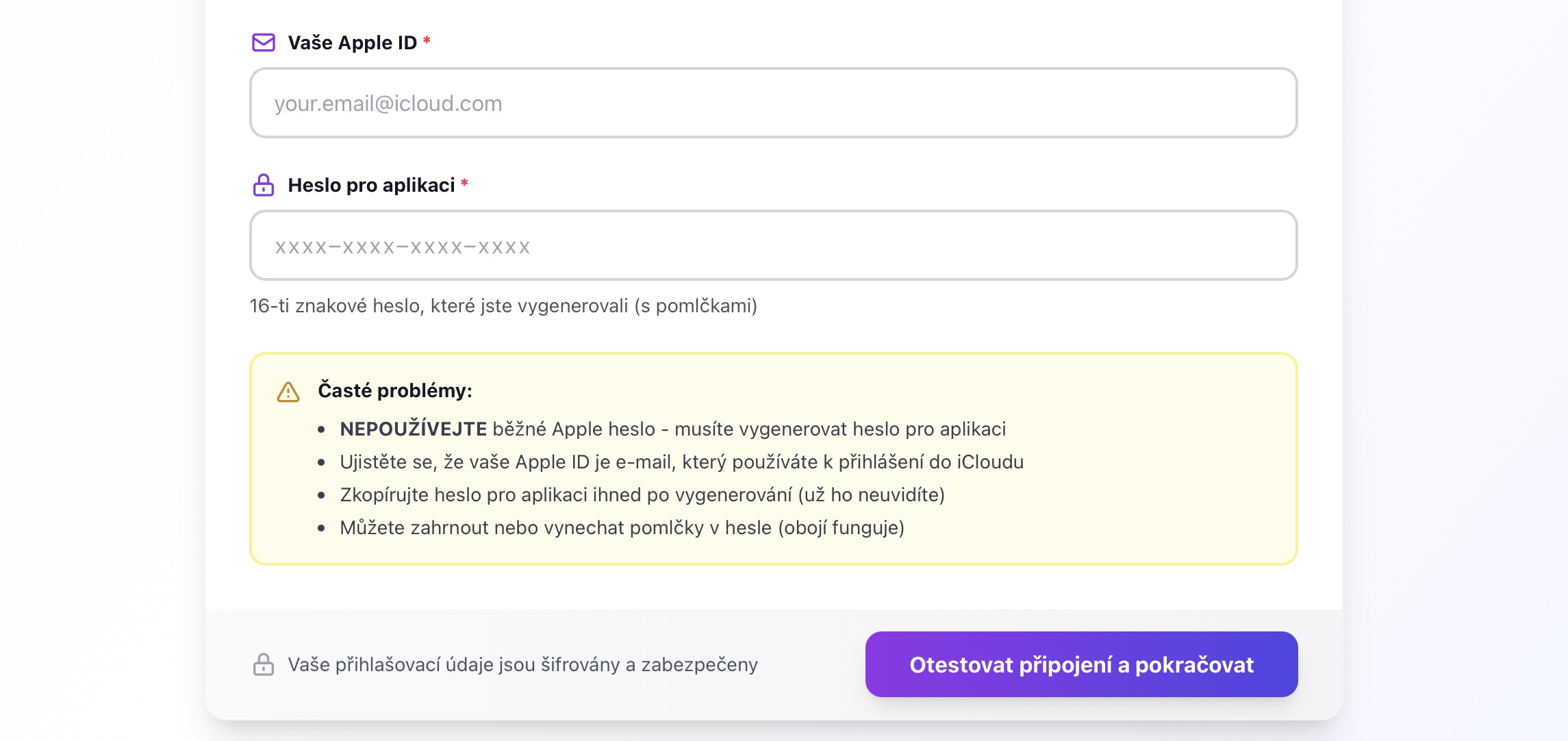 Připojovací formulář iCloud s poli pro e-mail a heslo