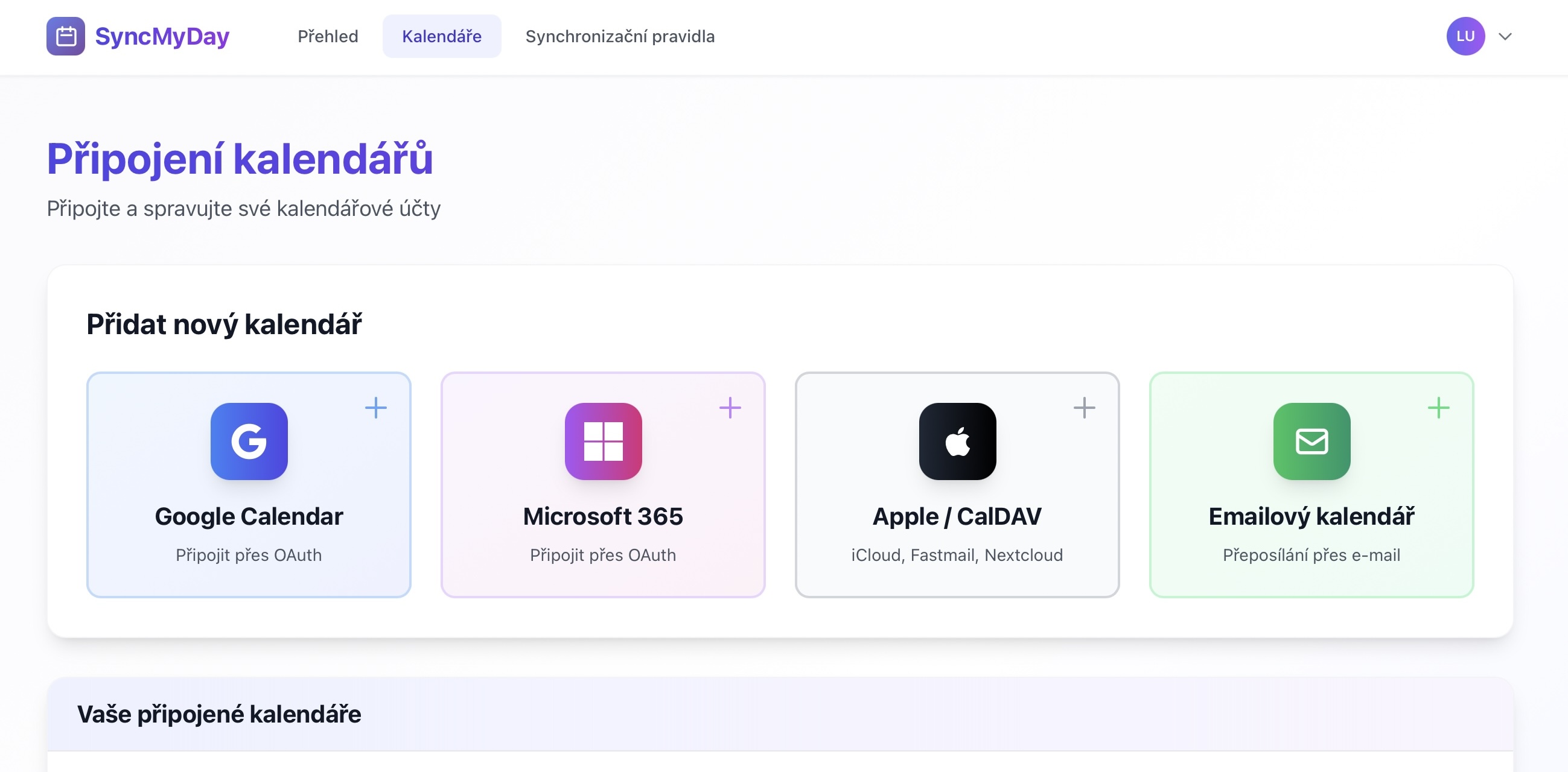 Dashboard se zvýrazněným menu Kalendáře