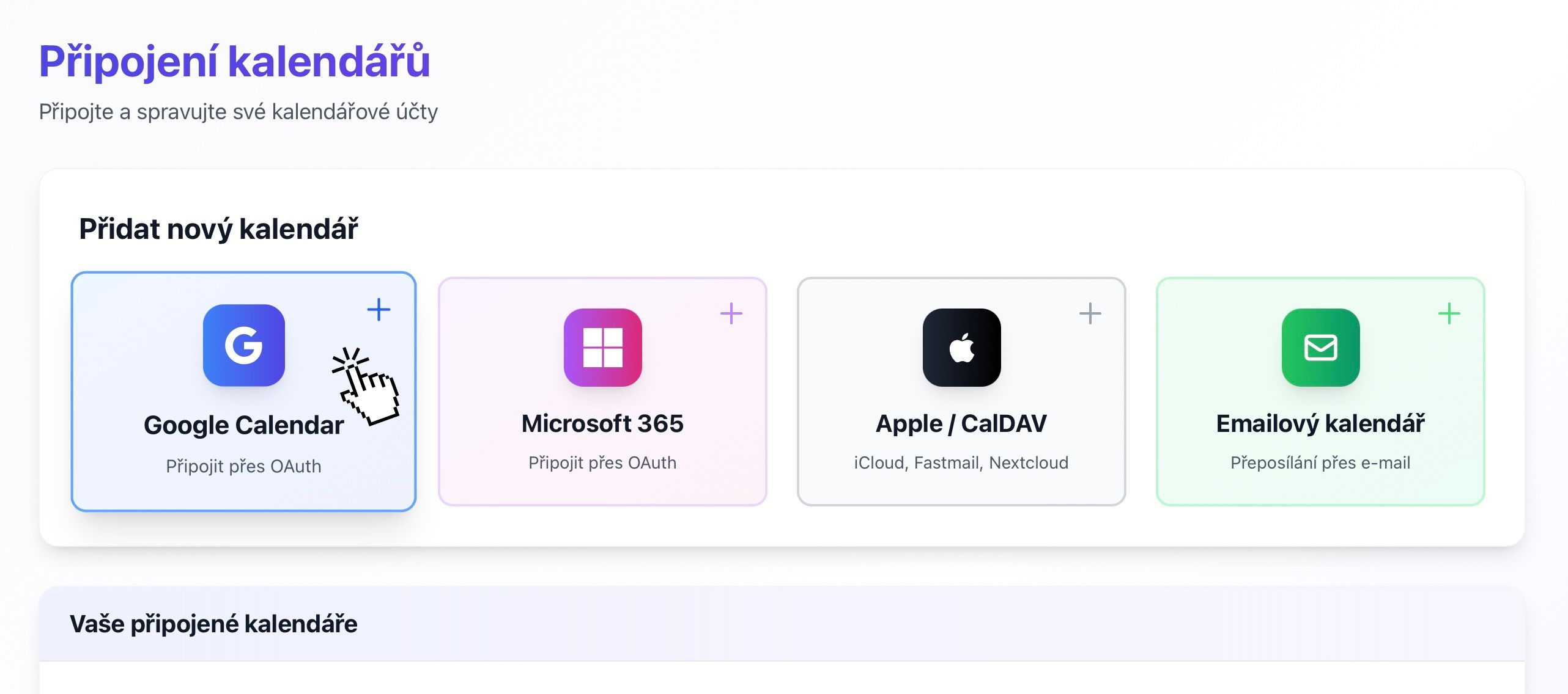 Tlačítko Google Calendar na stránce Připojení kalendářů