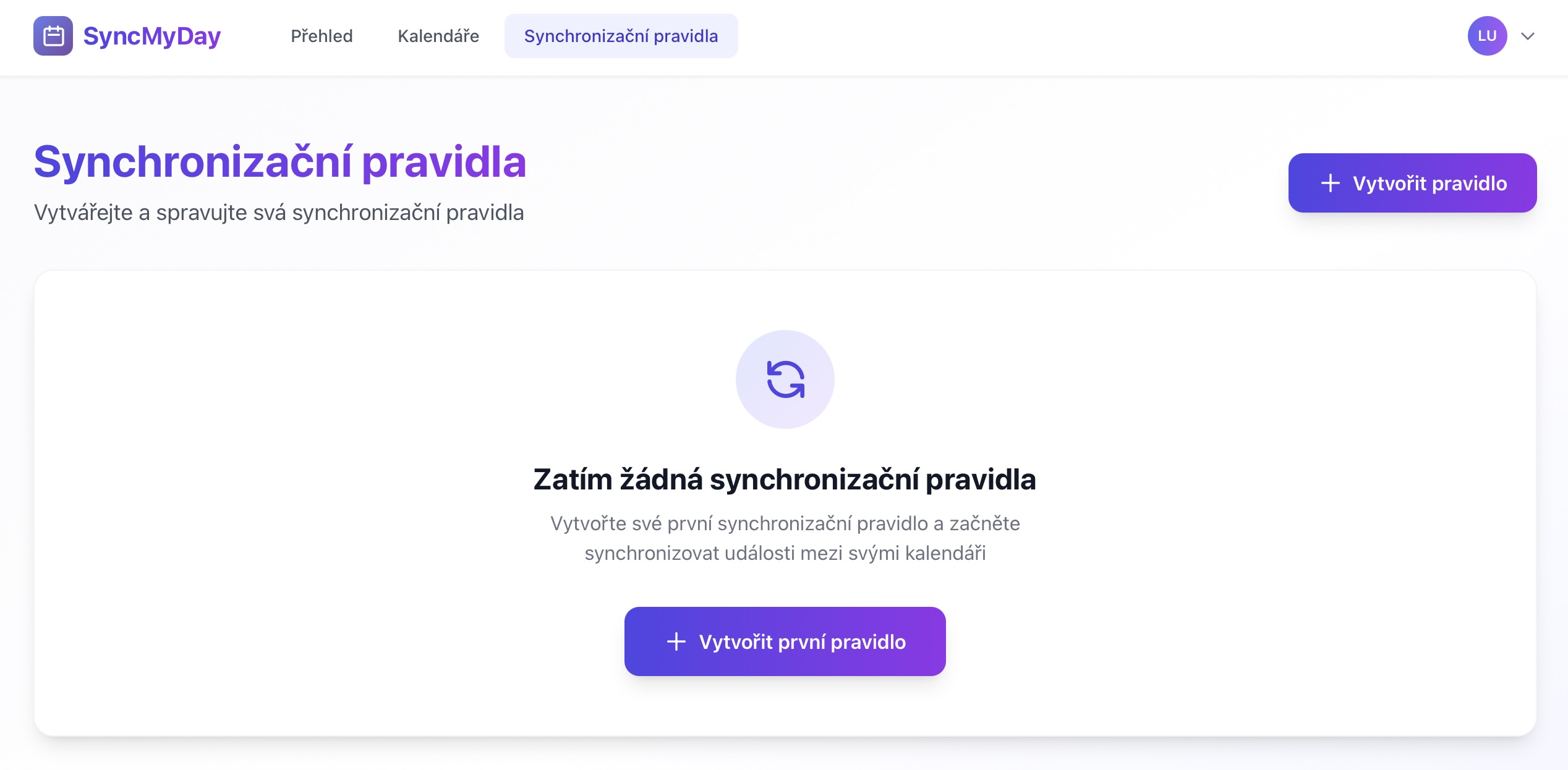 Dashboard se zvýrazněným menu Pravidla synchronizace